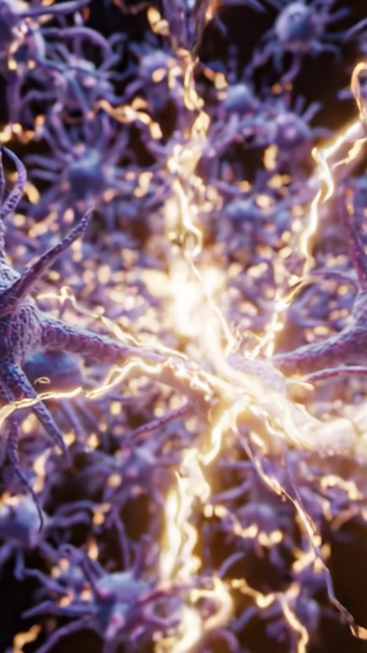 A Stunning Close-Up of Neurons Firing with Electric Sparks, Illuminating Their Complex Structure and Connectivity in an Intricate Neurological Network