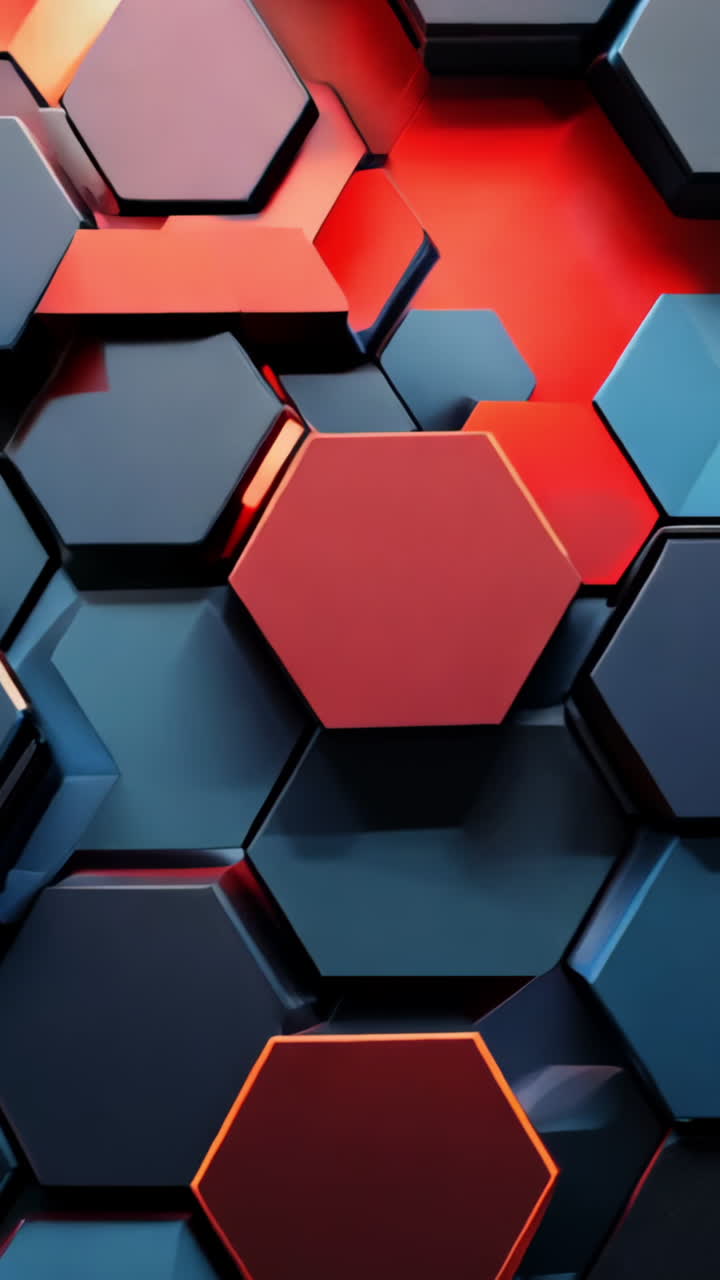 A colorful abstract pattern of hexagons in blue and red. The pattern is made up of many small squares, and the colors are vibrant and bold. Scene is energetic and dynamic, with the colors