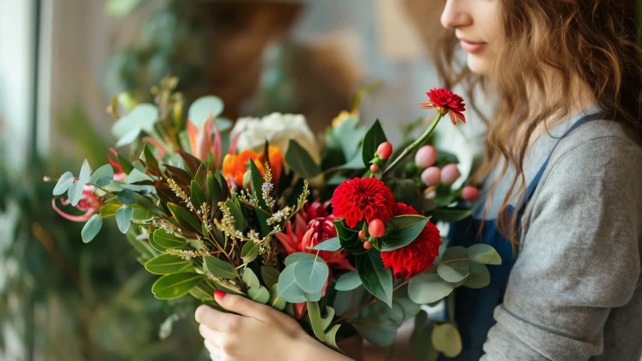 Professional florist meticulously crafting vibrant bouquet with diverse flowers, selecting complementary blossoms and greenery for elegant floral arrangement