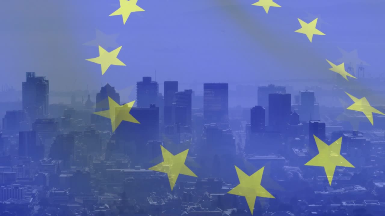 Blue flag overlay appearing over skyline, yellow stars shifting and field waving to represent EU