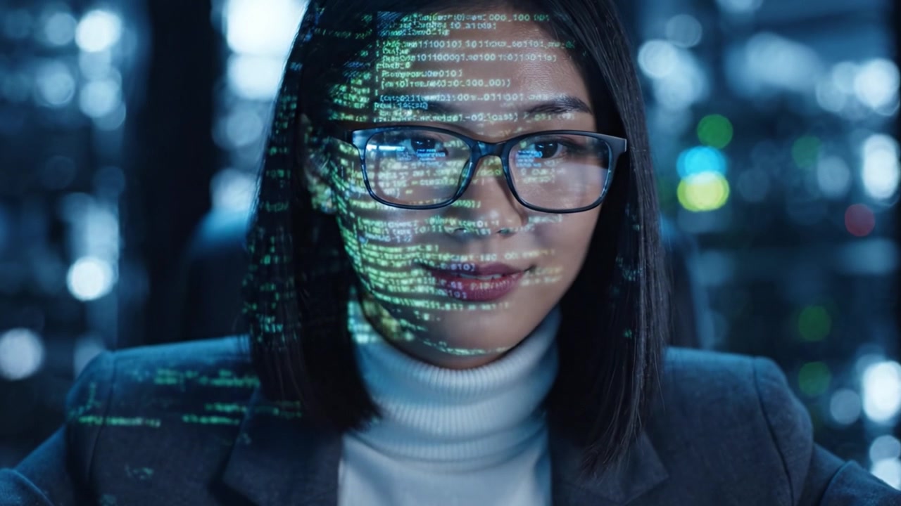 A Focused Developer Working on Complex Code in a High-Tech Environment, with Illuminated Screens Reflecting Data and a Detail-Oriented Mindset