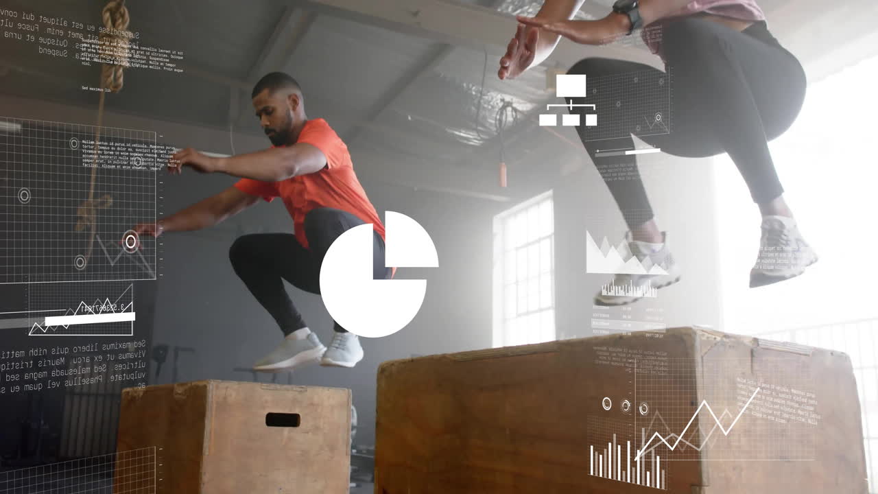 animación de procesamiento de datos y diagramas sobre diversos deportes personas saltando en cajas en el gimnasio