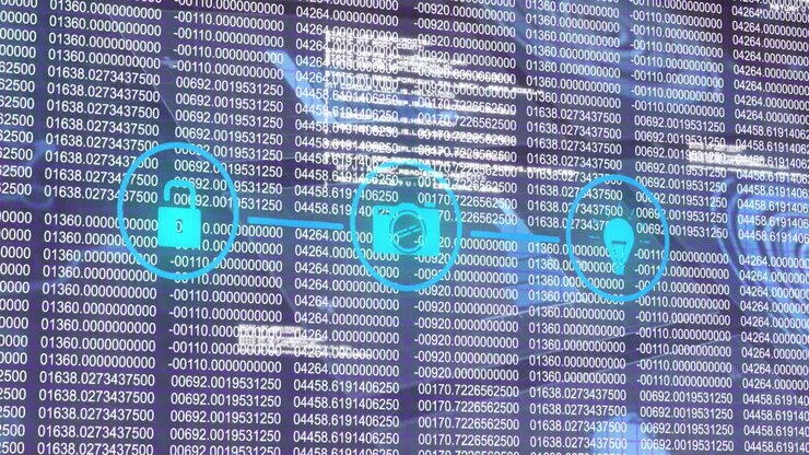 Animation af netværk af digitale ikoner mod interface med databehandling mod blå baggrund