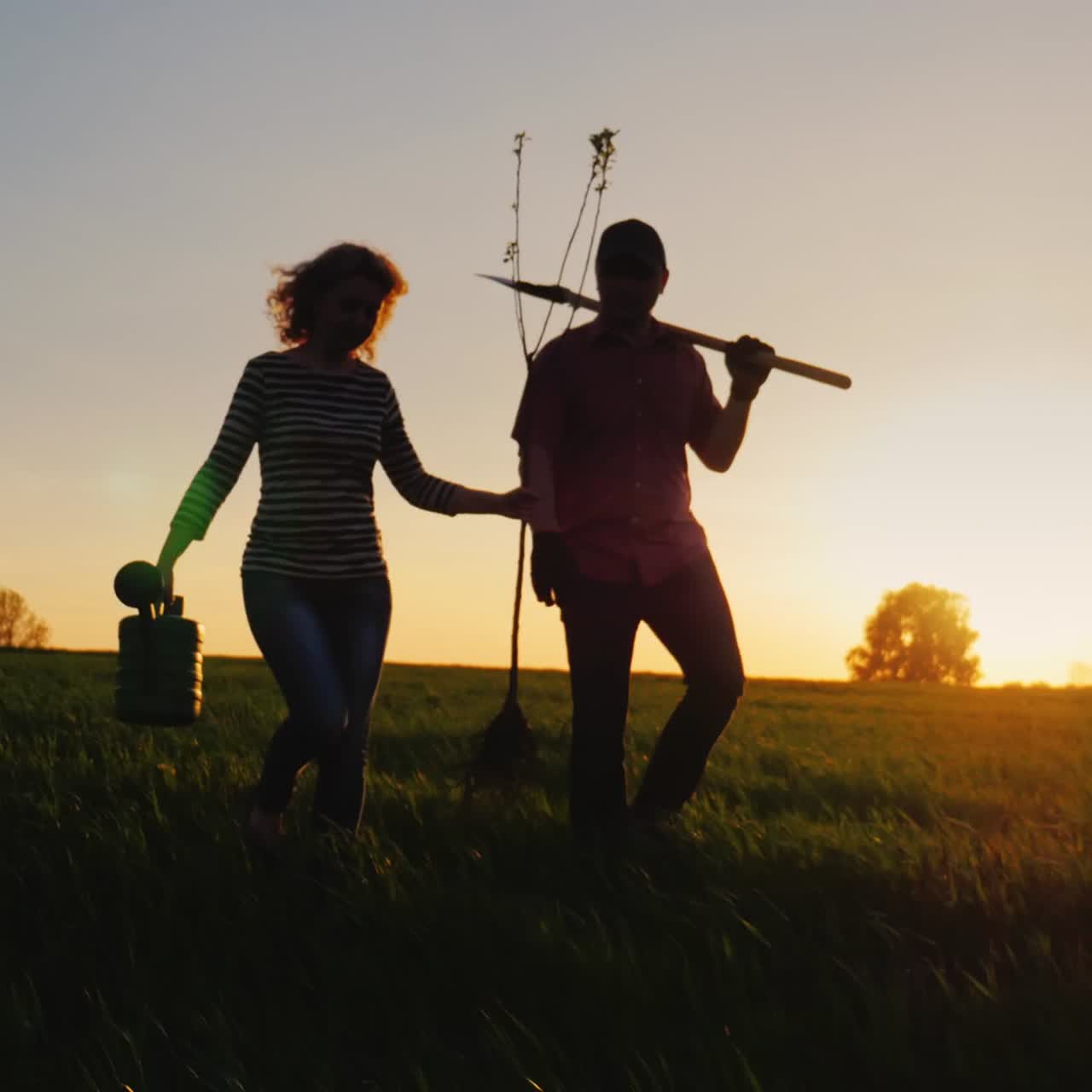 tiro de steadicam: granjeros - un hombre y una mujer caminando por el campo al atardecer 4