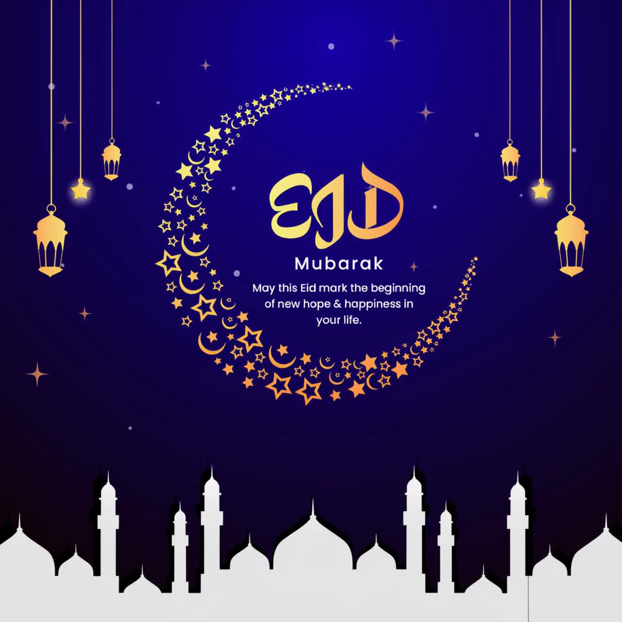 Animazione Eid Mubarak con stella e mezzaluna dorate, lanterne sospese, sagoma di moschea su sfondo blu