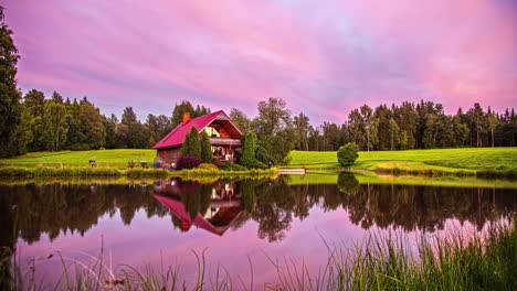 a family enjoys an outdoor meal by a cabin during a colorful sunset - time lapse