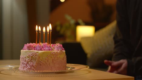 person blowing out candles on party celebration cake for birthday decorated with icing on table at home