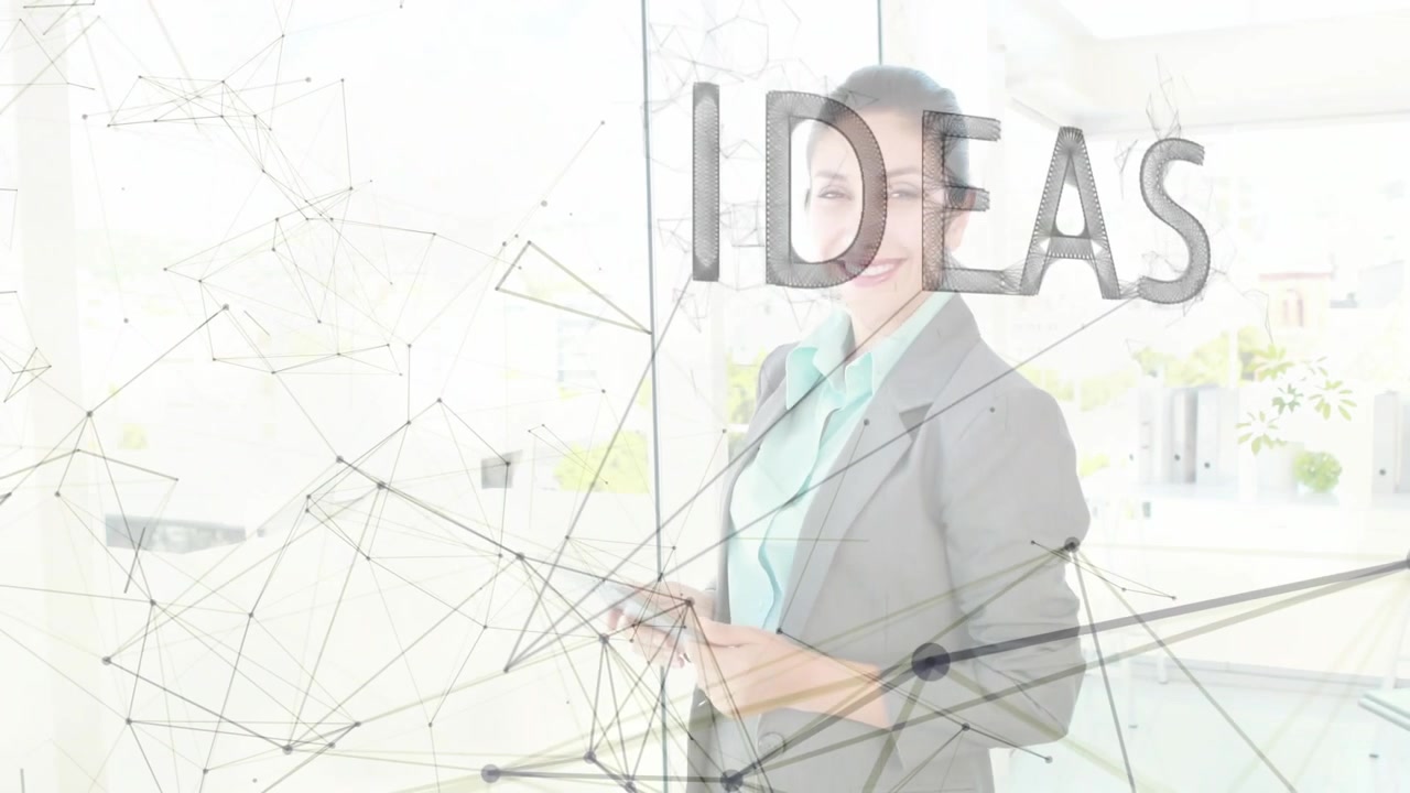 Business woman holding yellow note by glass, driving GROWTH, VISION, IDEAS while tapping tablet