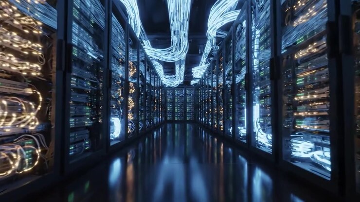 A Glimpse into the Heart of Data Infrastructure: Exploring a Modern Server Room with Illuminated Racks and Intricate Cabling Technology