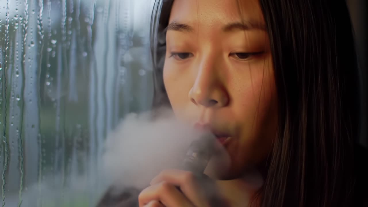 Young Woman Vaping by Rainy Window in Cozy Atmosphere