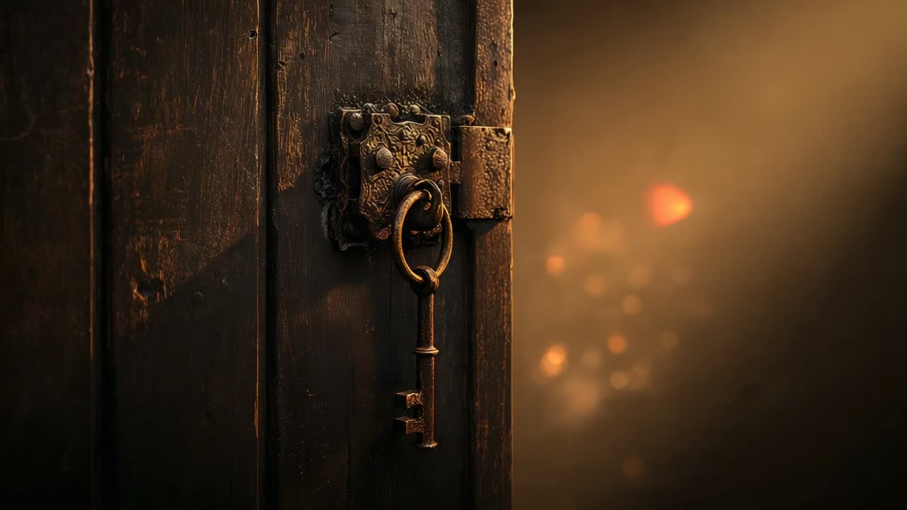 Streaming beam illuminating skeleton key on antique lock at door, revealing patina, copy space