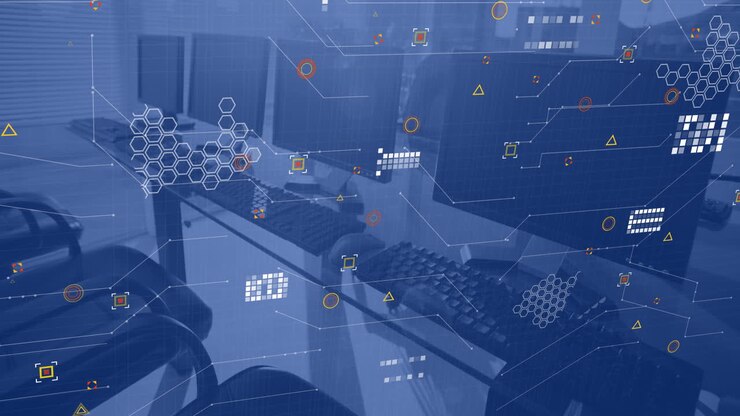 Data processing over computers on desks in empty office