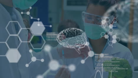 animación del procesamiento de datos y la fórmula química sobre diversos científicos en el laboratorio