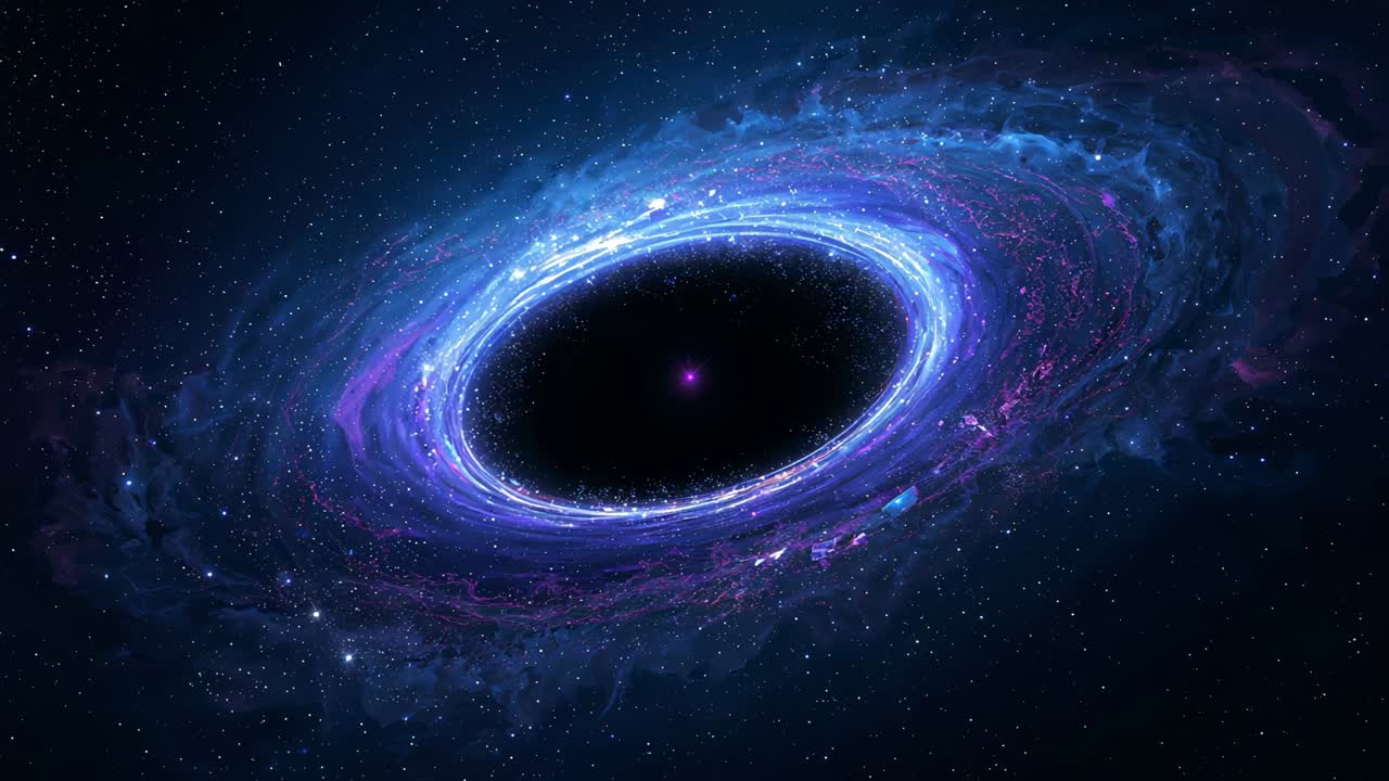 Opening sequence showing neon ring and dark void rotating and pulsing in space, pulling dust inward