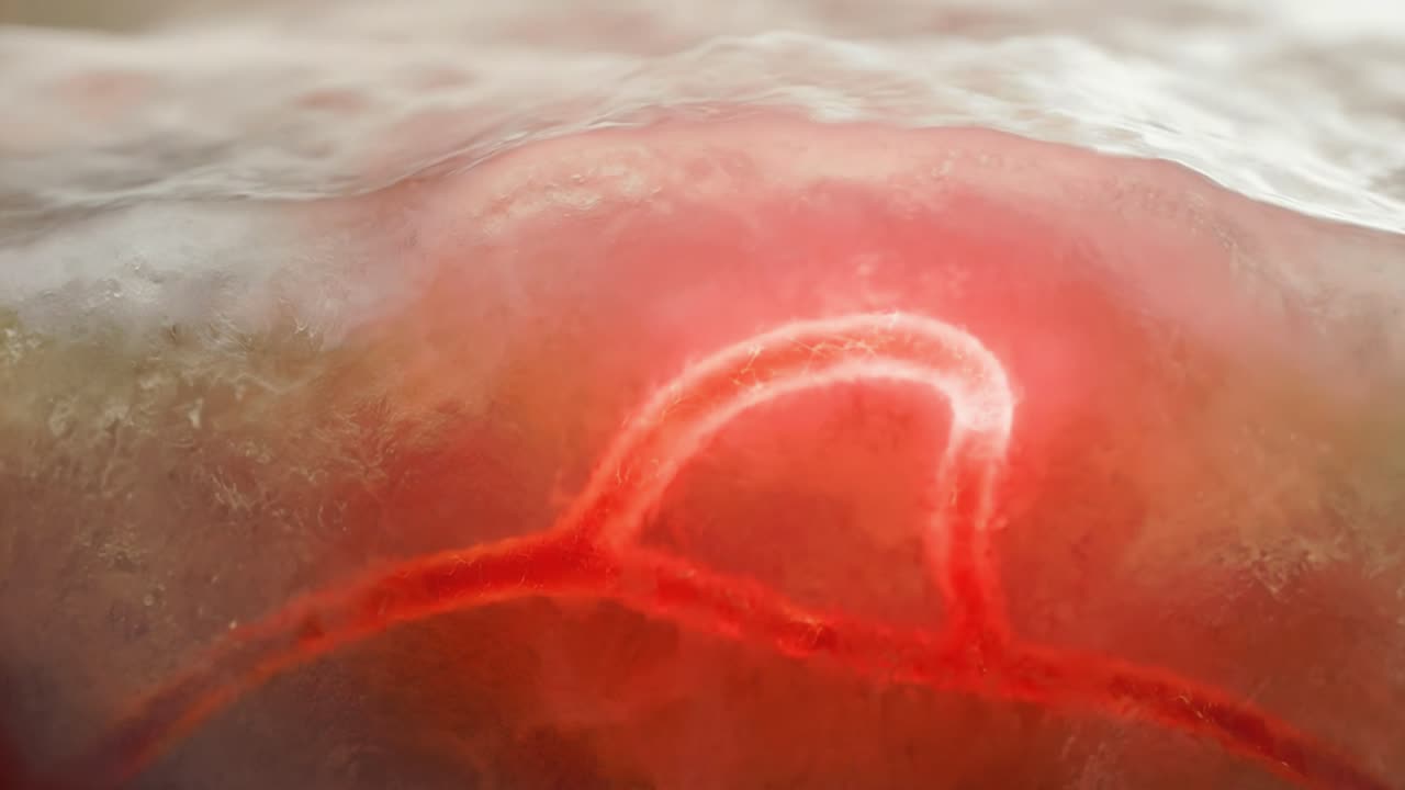 Animazione medica di un nervo infiammato sotto la pelle con un'irritazione rossa luminosa che si diffonde lungo il percorso neurale