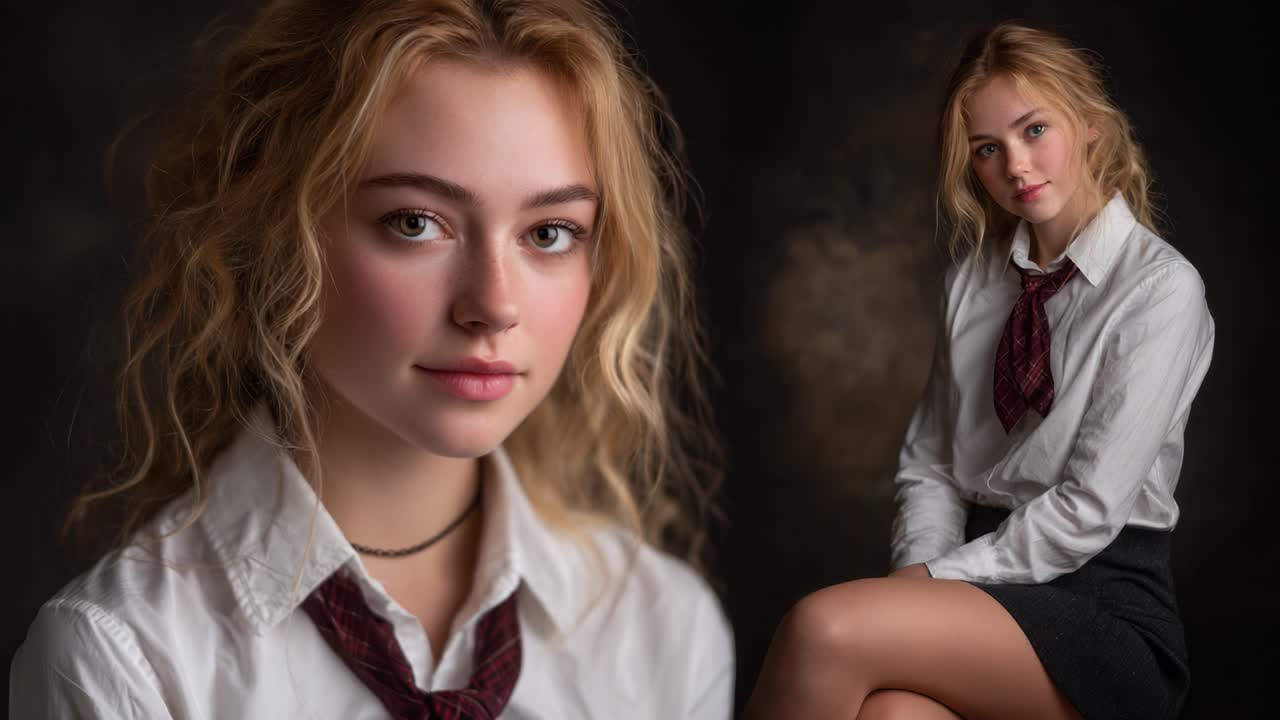 Captivating Portrait Series of a Young Woman in Formal Attire, Featuring Two Distinct Frames That Showcase Her Poise and Expressive Confidence Against a Mysterious Backdrop