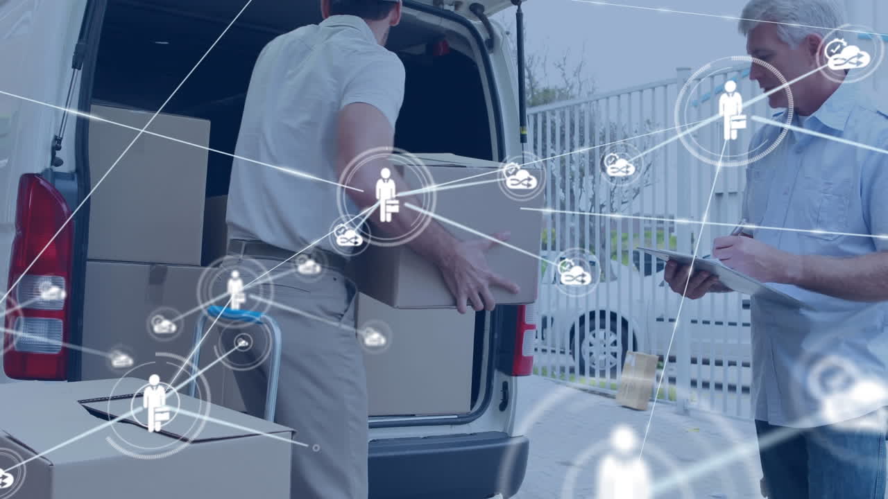 animación de la red de iconos sobre el hombre de entrega caucásico apilando cajas en el camión de entrega