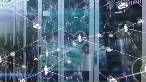 animation of connected icons and dots over multiple interfaces against server room