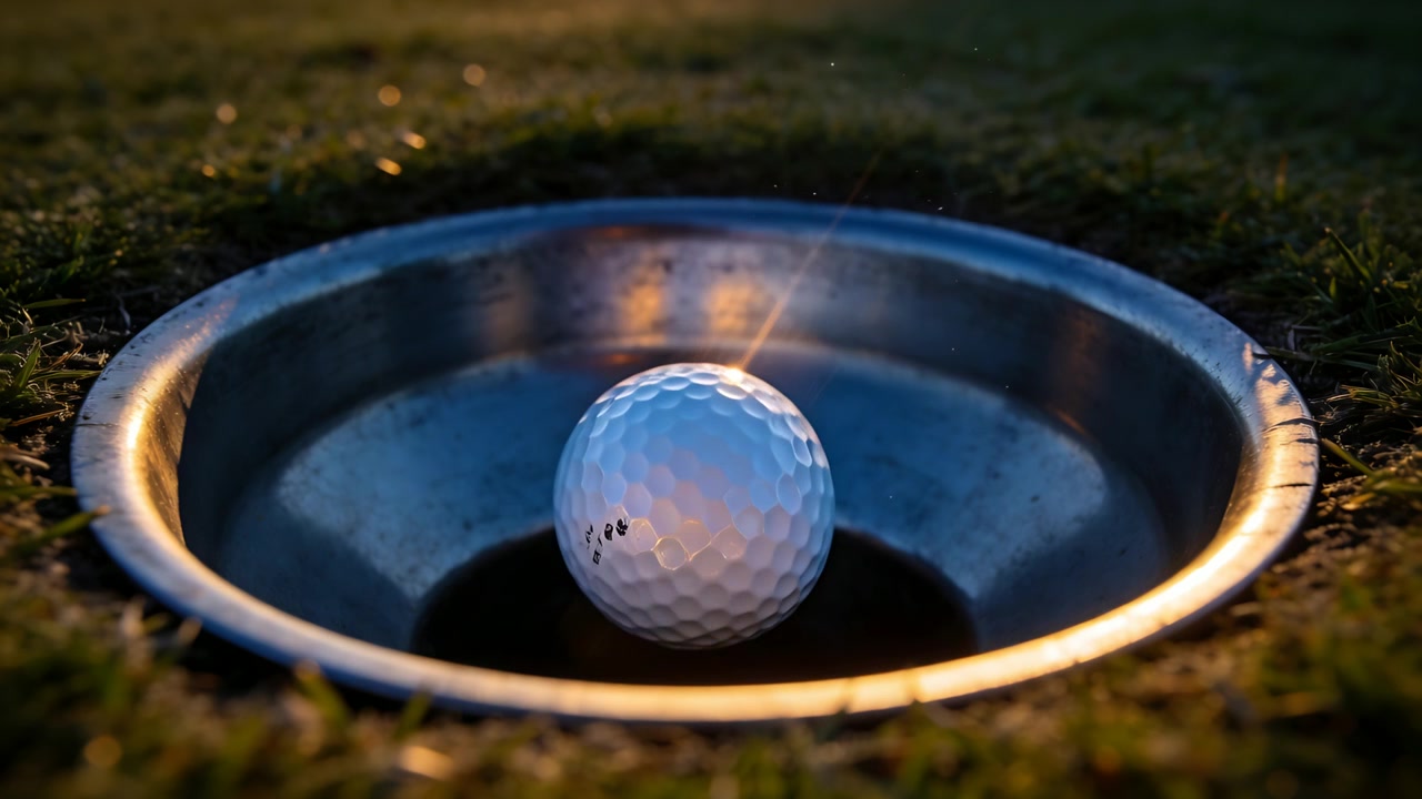 Pallina da golf bianca con fossette che rotola e cade nel rivestimento della buca sul green, con la gravità che completa il putt.