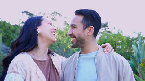 couple, face and smile in park