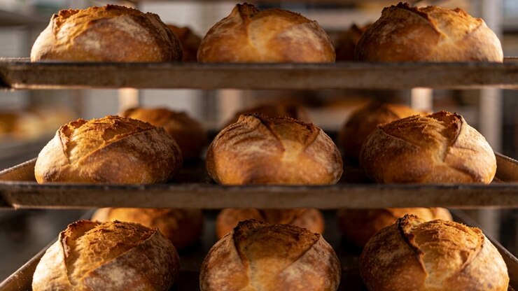 Moving camera at sequence start slowly approaching metal rack in bakery, highlighting front loaves