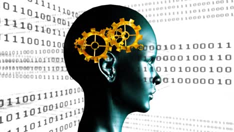animación del procesamiento de datos de codificación binaria sobre el cerebro humano y el giro de los engranajes