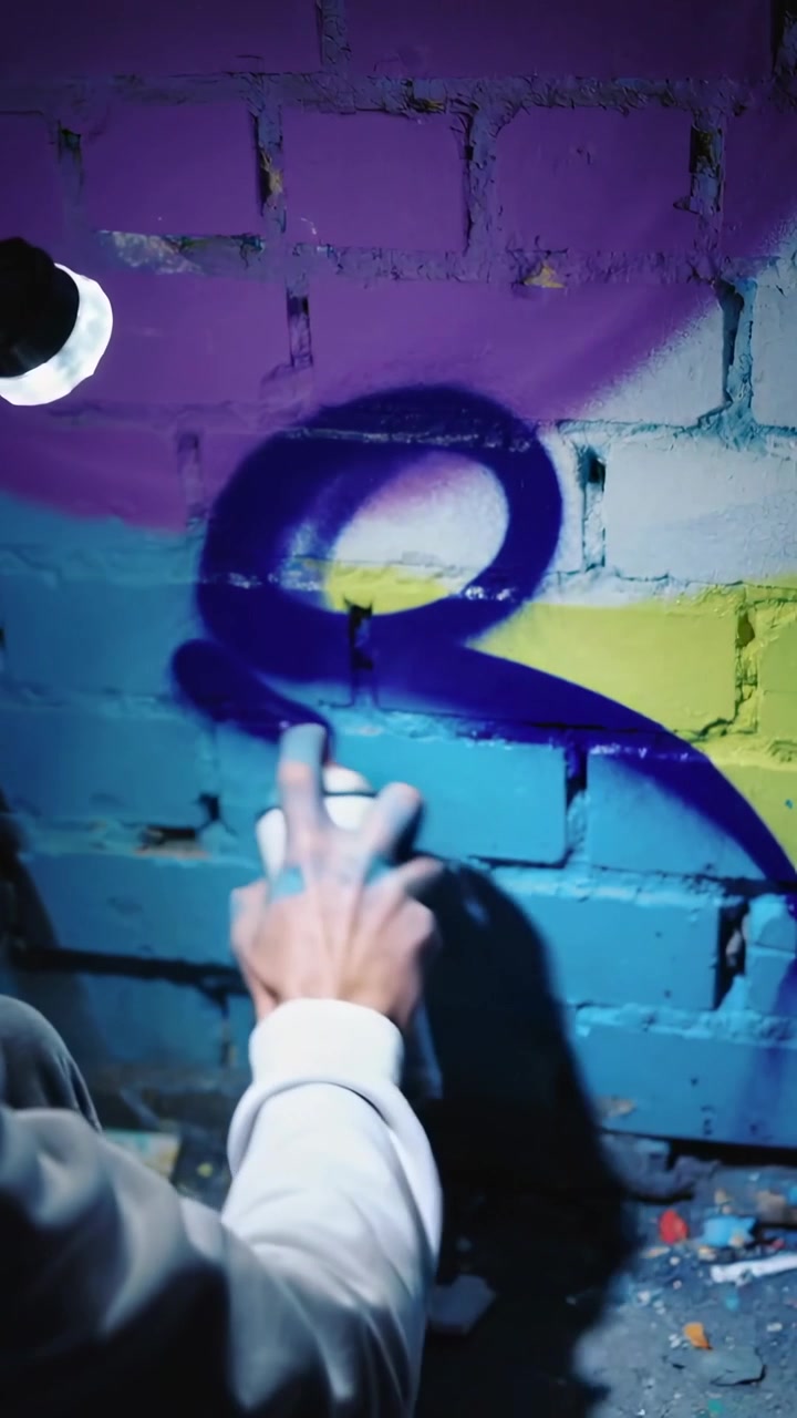 Video verticale: Uomo incappucciato con bomboletta spray che dipinge una S come graffito su un muro illuminato da una lampada, con spazio per il testo