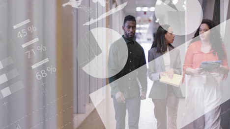 animation of infographic interface and diverse colleagues discussing and talking in corridor