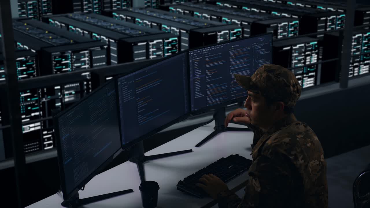 Side View Of Bored Asian Military Write Code With Multiple Computer Screens In Data Center