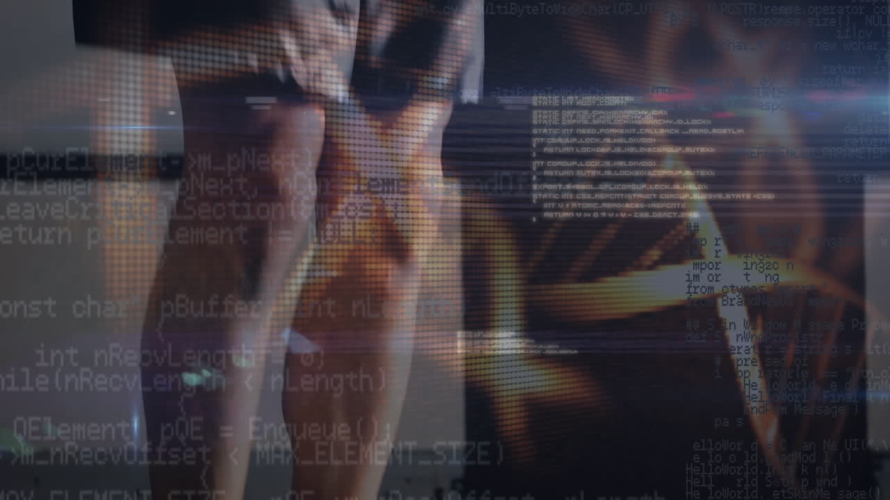 Animation of data processing and dna strands over caucasian man skipping at gym