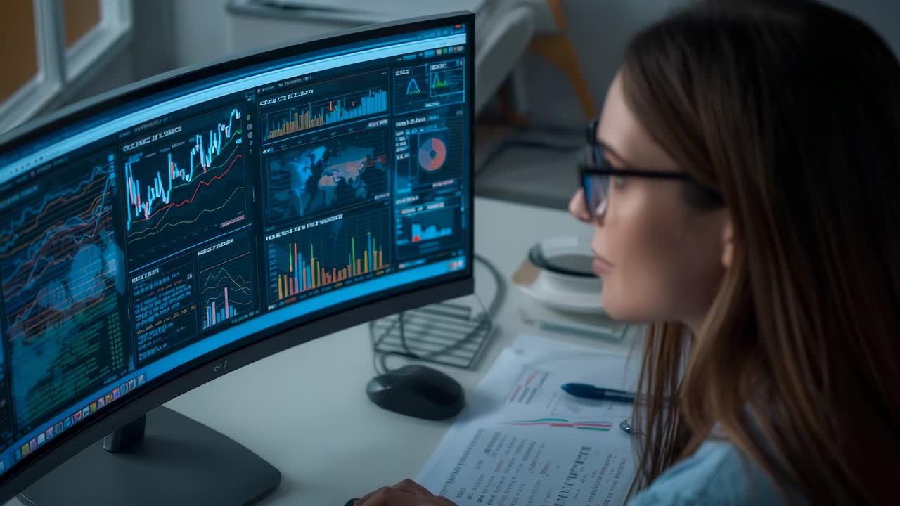 Adjusting posture, analyst typing and clicking at curved office monitor reviewing data, copy space