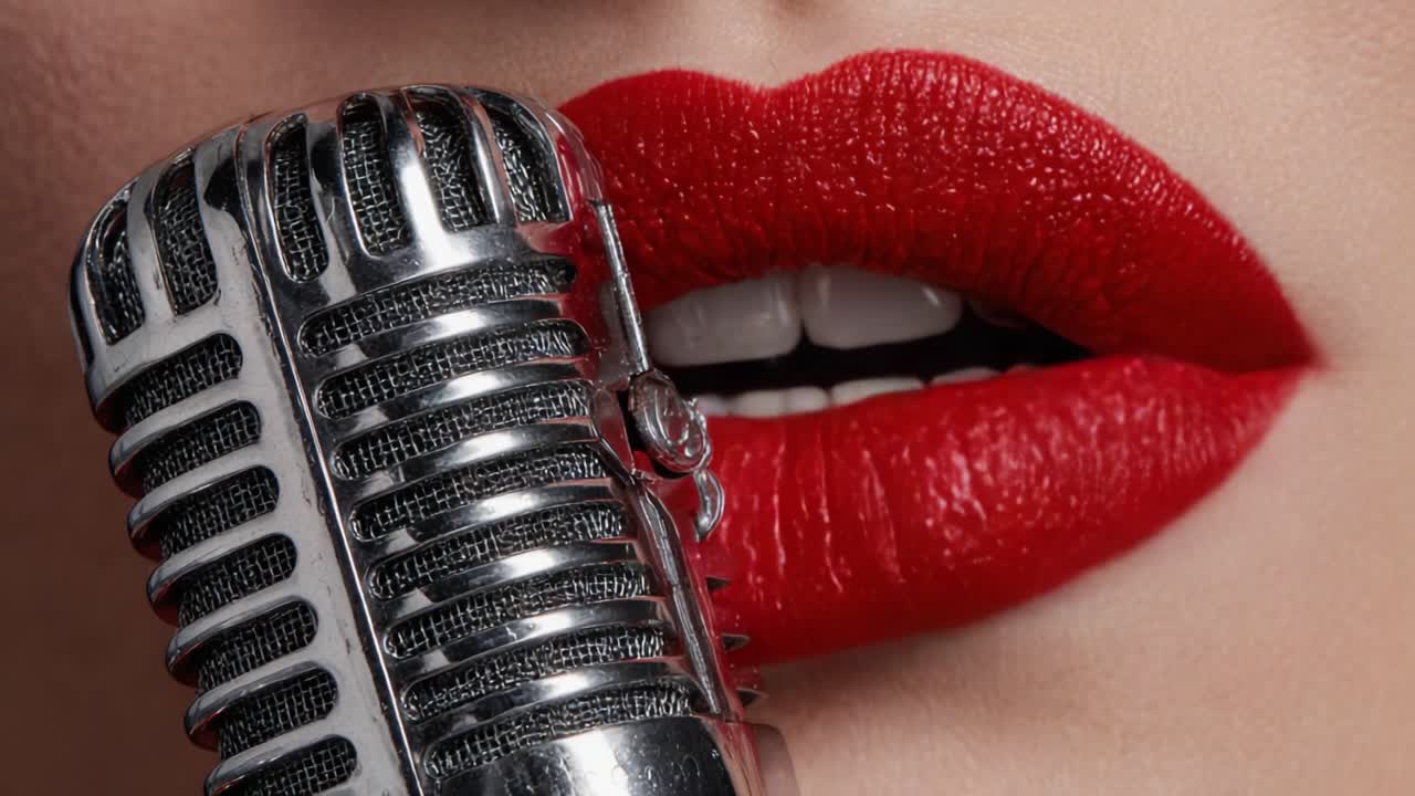 Close-Up of Perfect Red Lips and Vintage Microphone Capturing the Essence of Music and Performance in a Striking Visual Composition