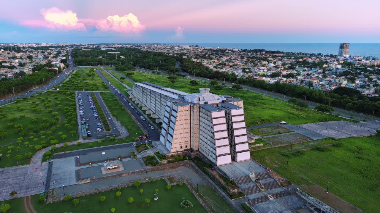 Columbus lighthouse or Faro Colon at dusk, Santo Domingo, Dominican Republic. Aerial orbiting