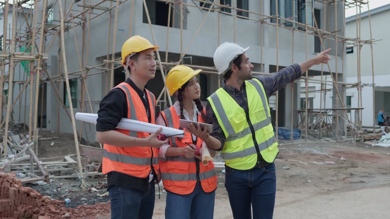 equipo diverso de ingenieros civiles gerente, arquitectos y capataz, trabajador. mientras utiliza la tableta inspeccionar discutir la reunión proyecto de construcción y señalando en el sitio de construcción. bienes raíces y concepto de construcción.