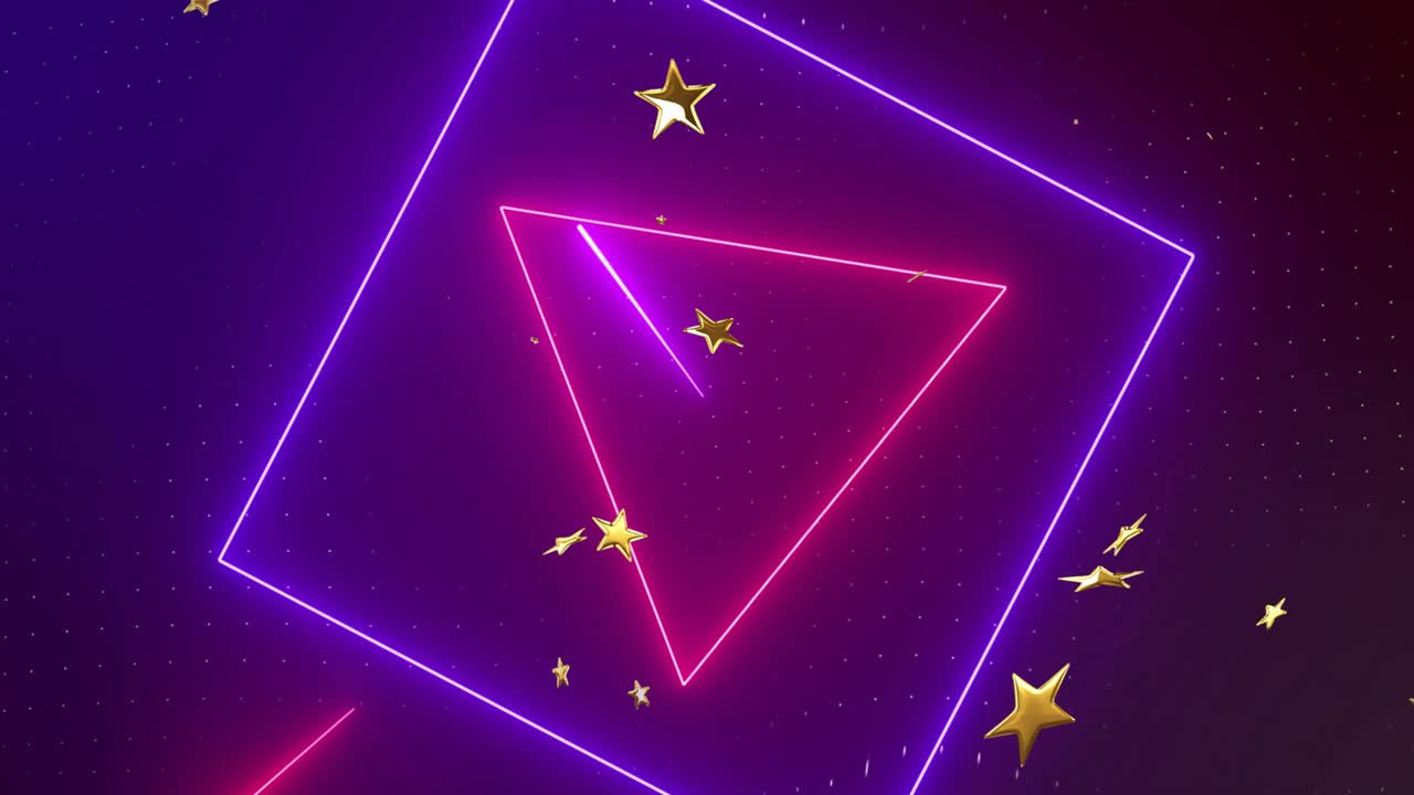 Neon pink beam shooting into triangle, square, ring, scattering gold stars and showcasing geometry