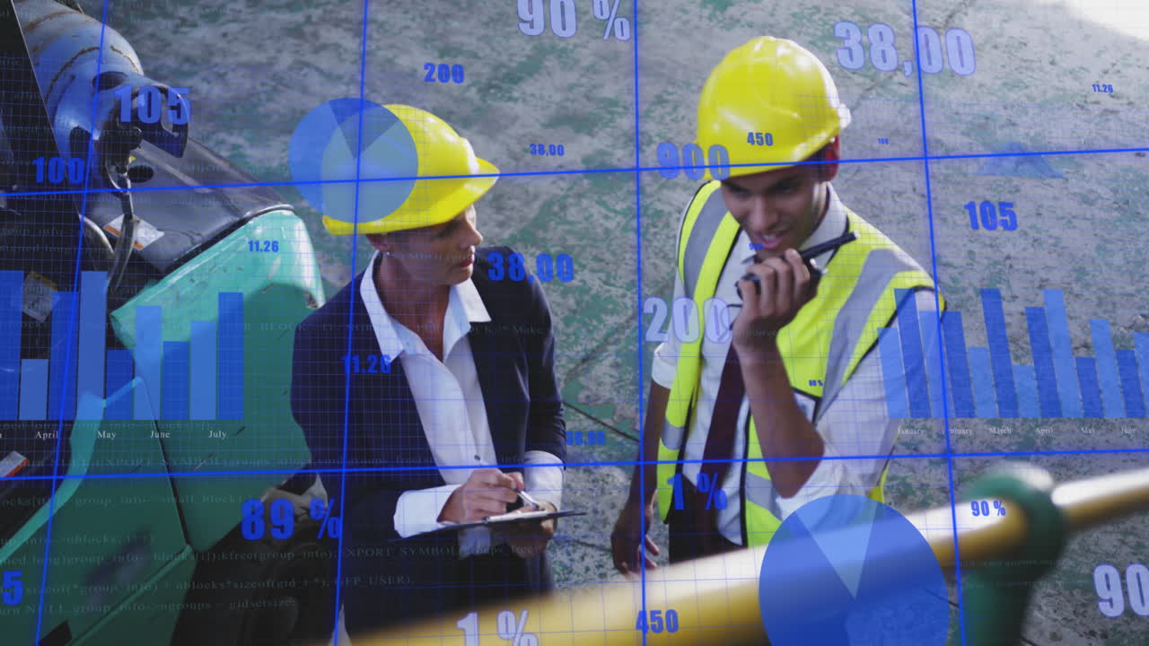 animación del procesamiento de datos financieros sobre diversas personas que trabajan en el almacén