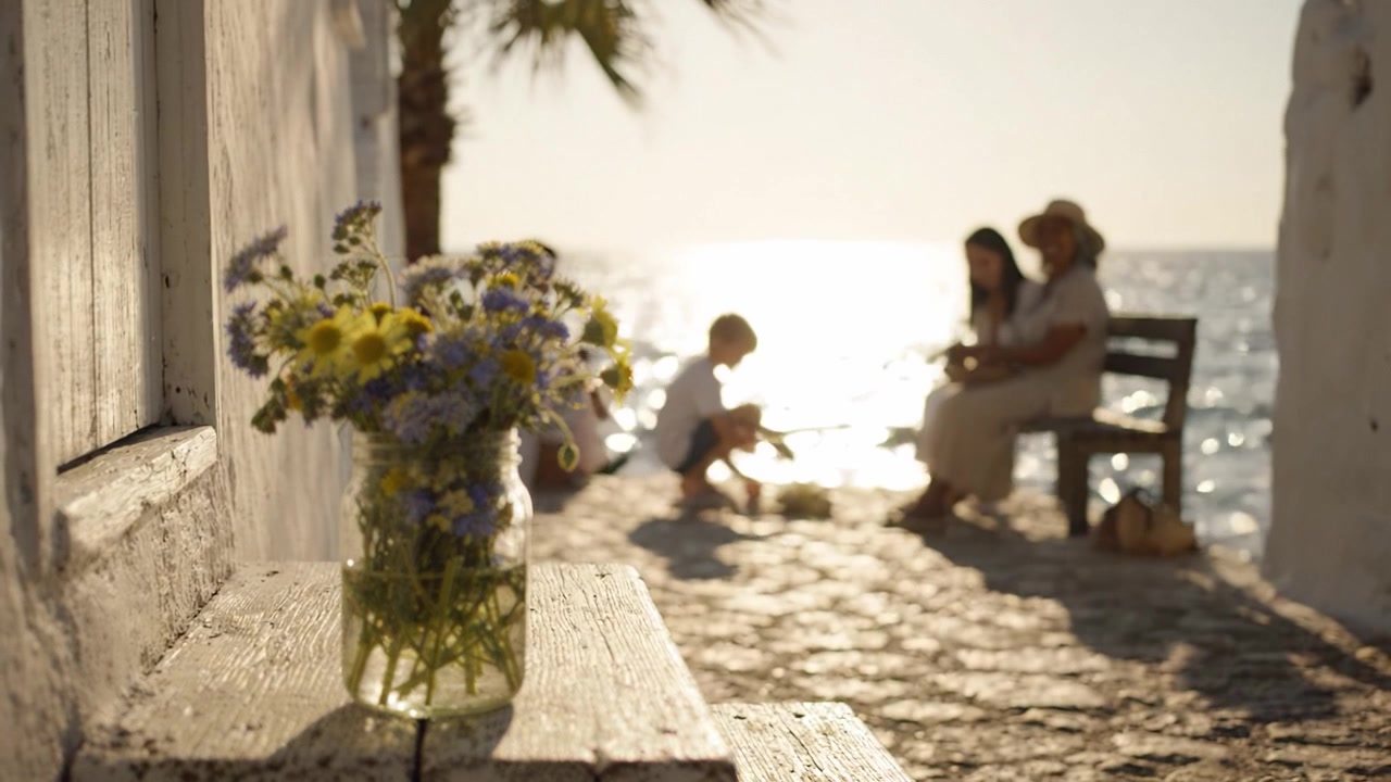 Una tranquilla scena marittima con un vivace bouquet di fiori selvatici in un vaso, con una famiglia rilassata che si gode del tempo di qualità contro uno sfondo costiero sereno.