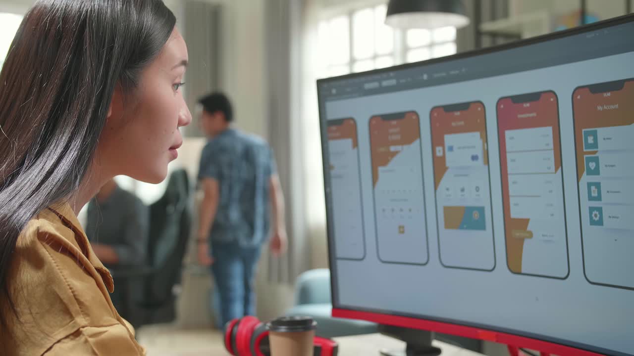 Asian Female Mobile Application Developer Works With Graphics On Her Personal Computer In Office