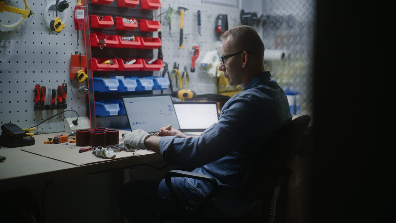 Craftsman Doing Handwork, Monitoring Real-Time Stocks, Exchange Market Charts on Laptop and Tablet Computer. Man Making Investments During Working Day in Workshop, Combining Work with Online Trading.