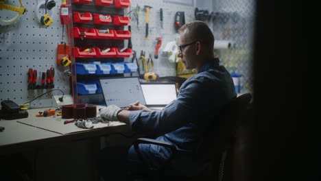 craftsman doing handwork, monitoring real-time stocks, exchange market charts on laptop and tablet computer. man making investments during working day in workshop, combining work with online trading.