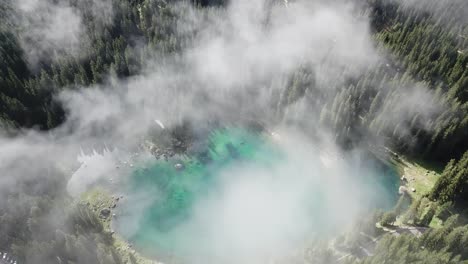 drone-footage-of-the-Karersee,-South-Tyrol,-Italy