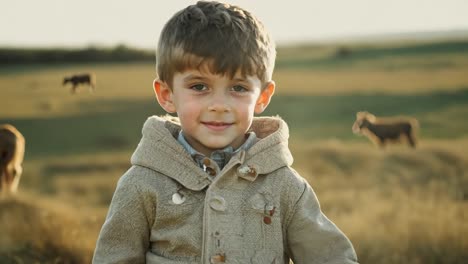 smiling boy in a field with sheep