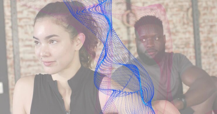 Woman wearing top gazing left as blue wireframe swirling showing fitness form with sitting partner