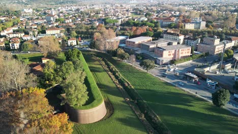 aerial shot of lucca walls in city of lucca, italy