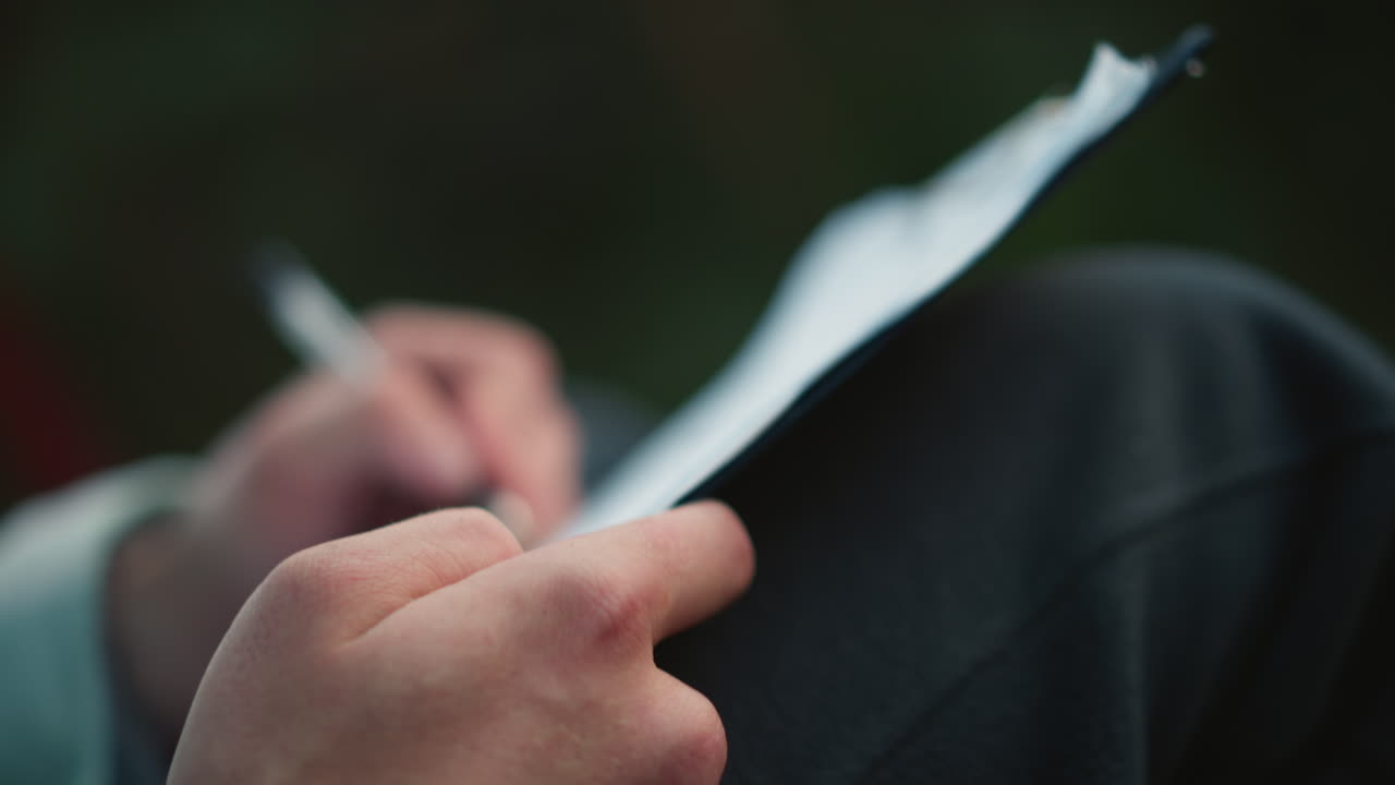 Adventurer documents in evening forest, Road traveler recording observations amid twilight woodland environment, Backpacker pens reflections in wooded setting as evening shadows grow longer