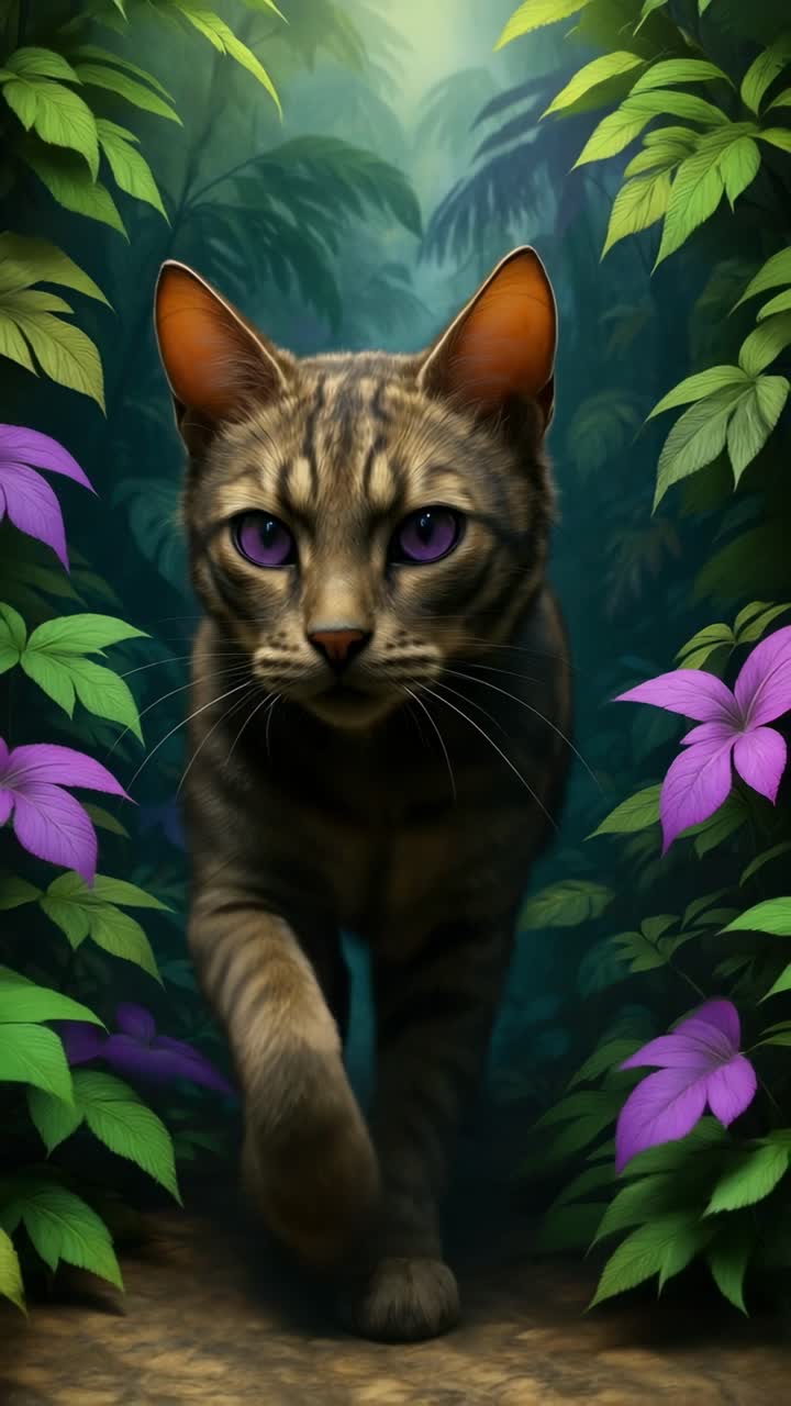 A mystical cat with vivid purple eyes walks through a lush jungle