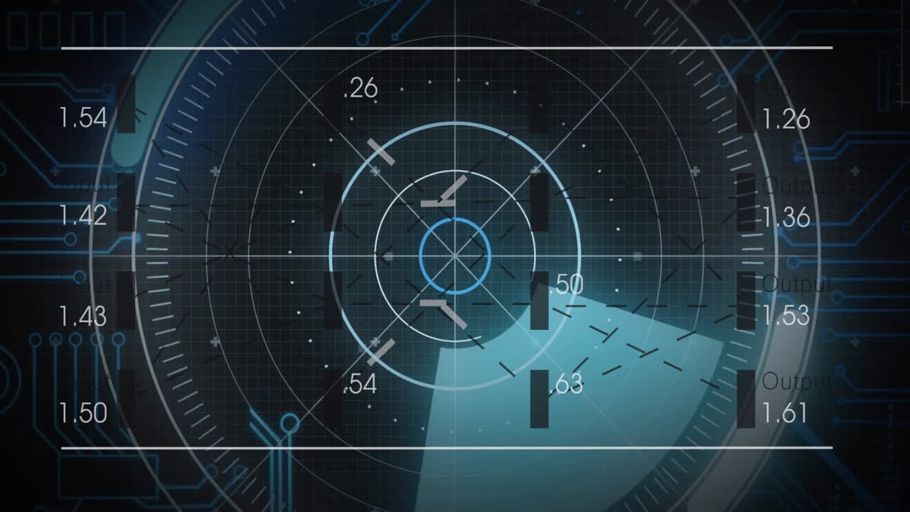 Displaying data, futuristic radar screen in blue and black tones with animation