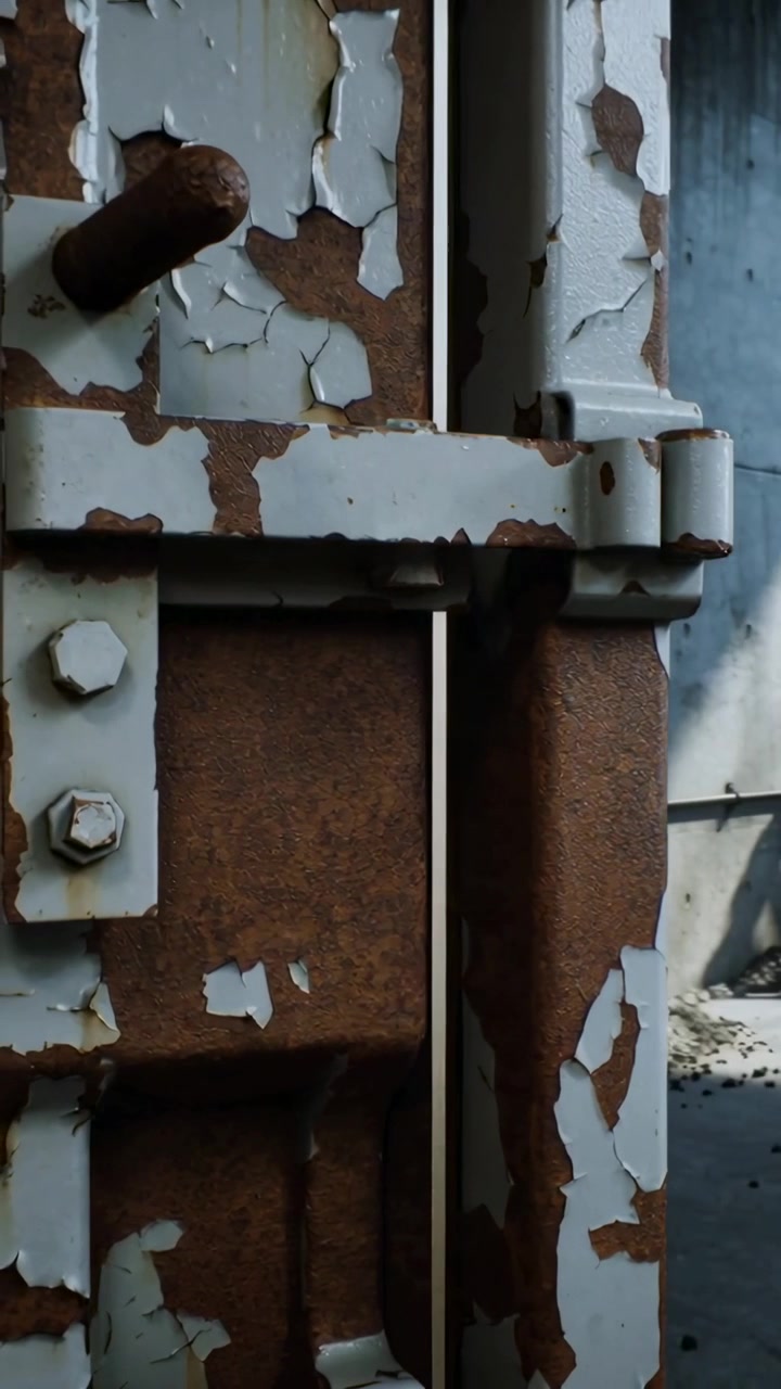 Vertical video: Camera panning revealing rusted hinge pin and flaking paint on container in depot