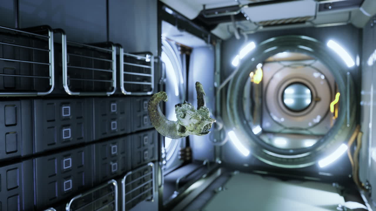 Ram skull floating in the unique environment of the international space station