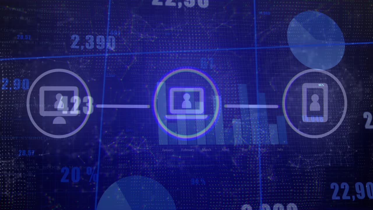 On three icons connecting, center laptop pulsing, numbers shifting to show synced metrics
